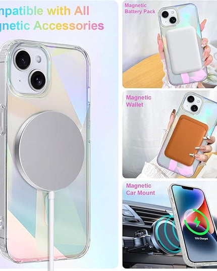 Cute Case for iPhone 14 & 13 Case for Women Girls [ Compatible with Magsafe ] Clear Glitter Girly Aesthetic Rainbow Sparkly Bling Magnetic Phone Cover, Iridescent Geometry