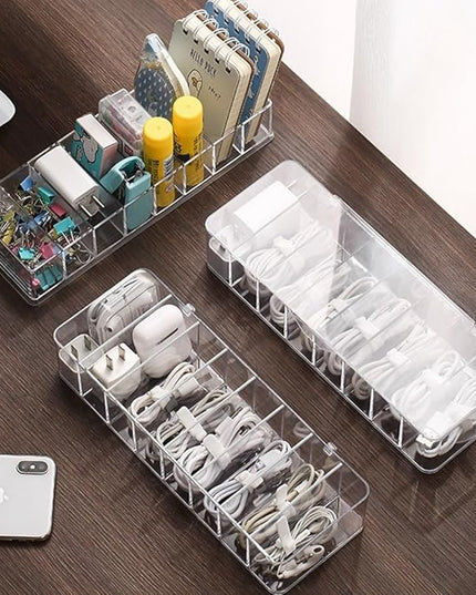 2Pcs Clear Cable Management Box with Lid, 26x9x5.5cm, Desktop Cord Organizer with Compartments (2, 10.2 x 3.5 x 2.2)