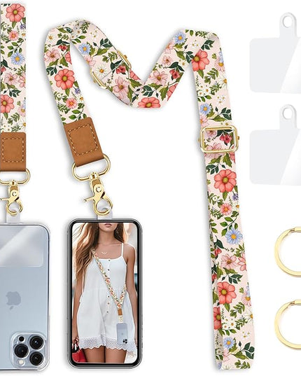 Flower Phone Lanyard Crossbody Strap, Floral Cell Phone Lanyards for around the Neck Wristlet Wrist Strap Adjustable for Keys Case Accessories Travel Essentials