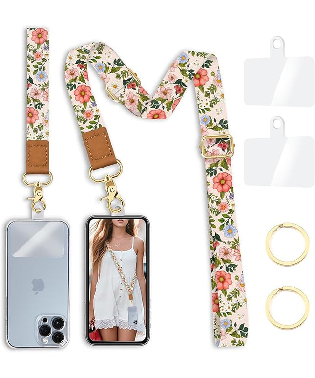 Flower Phone Lanyard Crossbody Strap, Floral Cell Phone Lanyards for around the Neck Wristlet Wrist Strap Adjustable for Keys Case Accessories Travel Essentials