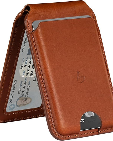 Belemay Strong Magnetic Wallet for MagSafe with Adjustable Stand, Full-Grain Leather Card Holder, Up to 5 Cards, RFID Blocking, Slim for iPhone 17/16/15/14/13/12 Series Men & Women - Saddle Brown