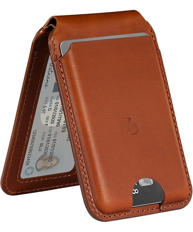Belemay Strong Magnetic Wallet for MagSafe with Adjustable Stand, Full-Grain Leather Card Holder, Up to 5 Cards, RFID Blocking, Slim for iPhone 17/16/15/14/13/12 Series Men & Women - Saddle Brown