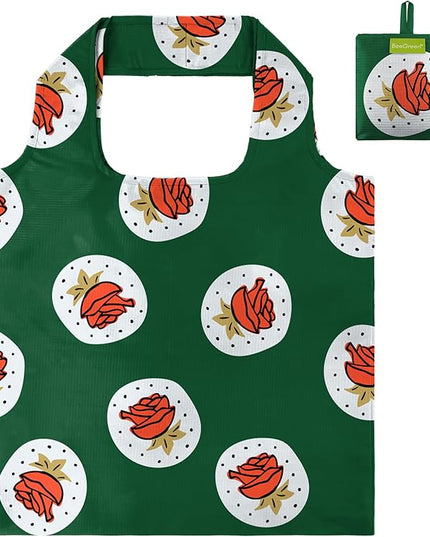BeeGreen Cute Rose Green Gift for Women Reusable Shopping Bags Large Shopping Basket for Groceries Foldable Gift Bag Grocery Organizer with Handles Tote Bulk Cloth Heavy Duty Washable Packable