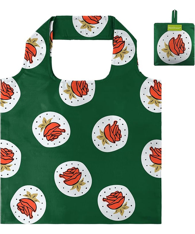 BeeGreen Cute Rose Green Gift for Women Reusable Shopping Bags Large Shopping Basket for Groceries Foldable Gift Bag Grocery Organizer with Handles Tote Bulk Cloth Heavy Duty Washable Packable