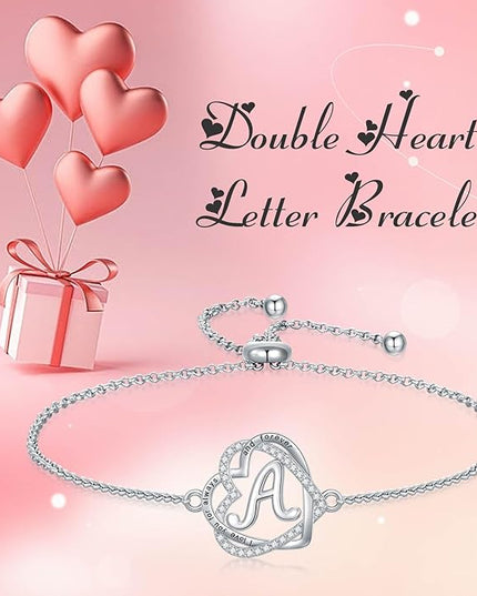 TOUPOP Gifts for Women Heart Initial Bracelet 925 Sterling Silver Double Heart Bracelet Birthday Jewelry Birthday Christmas Gifts for Her Wife Girlfriend