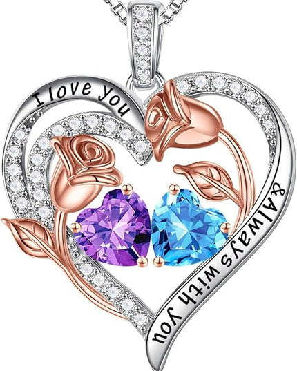 Iefil Christmas Gifts for Women Wife - 925 Sterling Silver Rose Heart Birthstone Necklace Birthday Anniversary Jewelry Gifts for Her Wife Mom Daughter