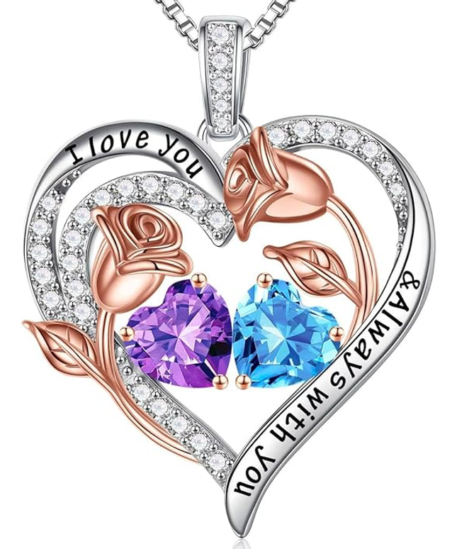 Iefil Christmas Gifts for Women Wife - 925 Sterling Silver Rose Heart Birthstone Necklace Birthday Anniversary Jewelry Gifts for Her Wife Mom Daughter