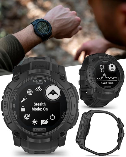 Wearable4U Garmin Instinct 3 Tactical Edition, Solar Charging Display, 50mm, Rugged Outdoor GPS Smartwatch, Applied Ballistics Support, LED Flashlight, Multi-Band GPS White Earbuds Bundle