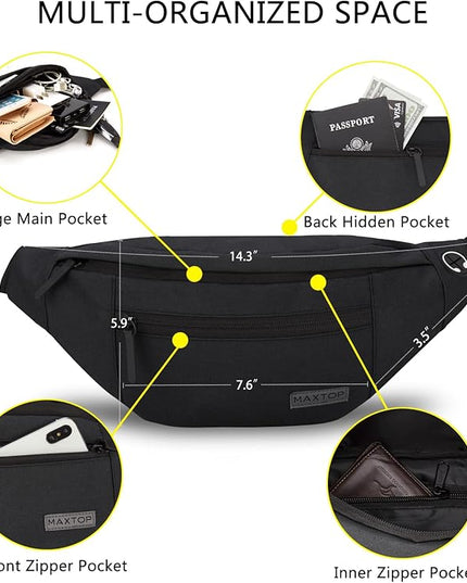 MAXTOP Large Crossbody Fanny Pack with 4-Zipper Pockets,Gifts for Enjoy Sports Festival Workout Traveling Running Casual Hands-Free Wallets Waist Pack Phone Bag Carrying All Phones