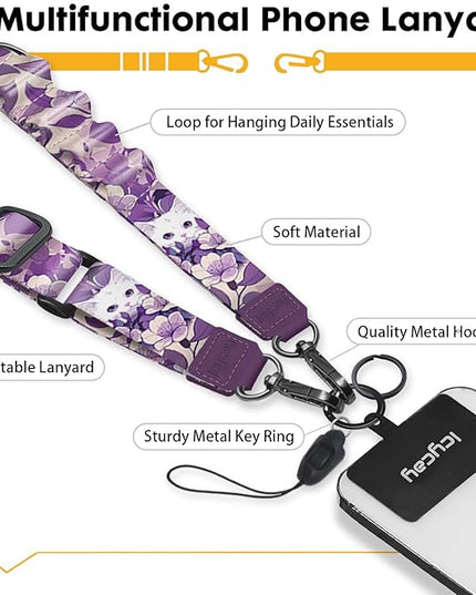 Phone Lanyard Crossbody, White Cat Cell Phone Strap for Around The Neck Adjustable, Purple Anti Theft Cute Lanyard for iPhone Case ID Holder Key Accessories Travel Essential