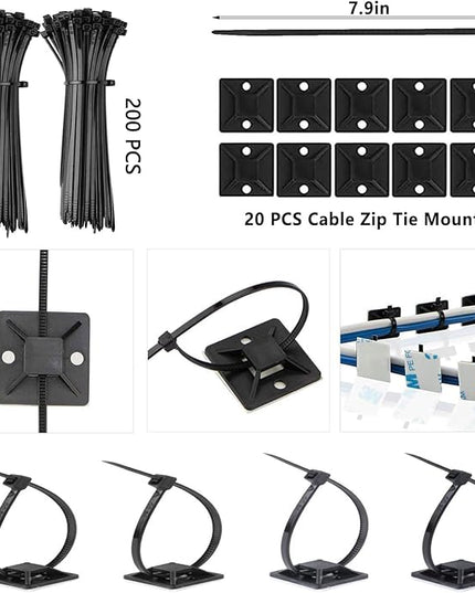 ELII 302PCS Cable Management Kit 4 Cable Sleeve,45Cable Clips,11Cable Holders,22 Roll Cable Organizer Straps and 200 Fastening Cable Ties,20 Cable Zip Tie Mounts Computer Under Desk (Black)