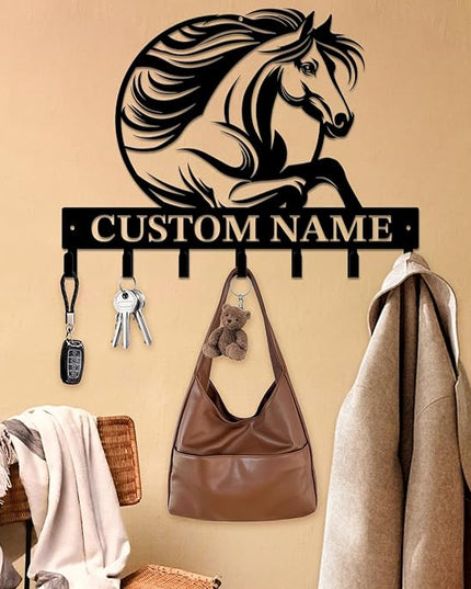Personalized Custom Name Farm Horse Wall Key Hooks,Metal Horse Art Clothes Hooks,Metal Horse Wall Home Storage Decorative,For Front Door, Hallway, Kitchen, Bedroom,Keys,Hats (Style J)