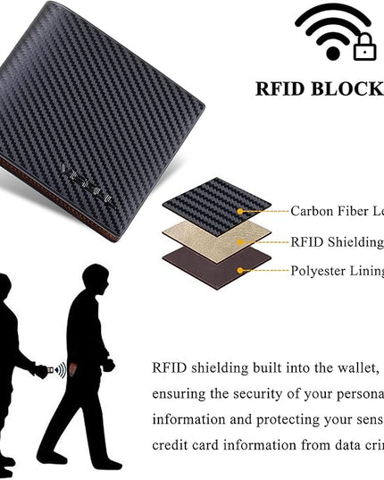 VISOUL Leather Mens Bifold RFID Blocking Wallet with 2 ID Windows, Leather Wallet for Men (Carbon Fiber, Black+Brown)