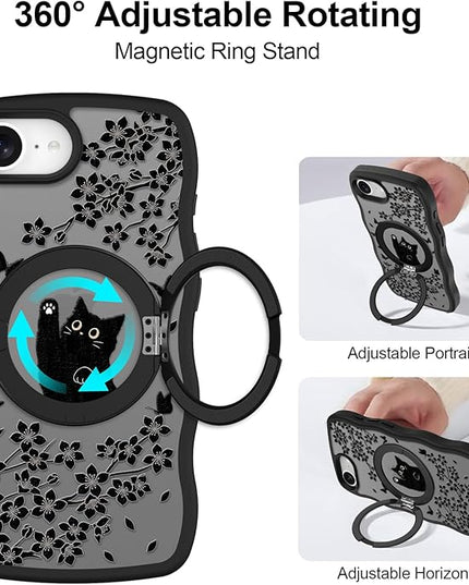 Wavy Case for iPhone 16e Case with Stand [Compatible with MagSafe] Cute Black Cat & Floral & Butterflies Pattern Design, Kawaii 360 Magnetic Ring Kickstand Phone Cover for Women Girls