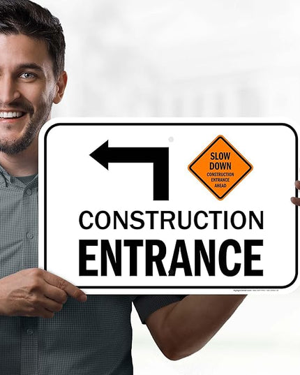 Slow Down Construction Entrance Ahead With Left Arrow Sign, 12x18 Inches, Rust Free .063 Aluminum, Fade Resistant, Made in USA by My Sign Center