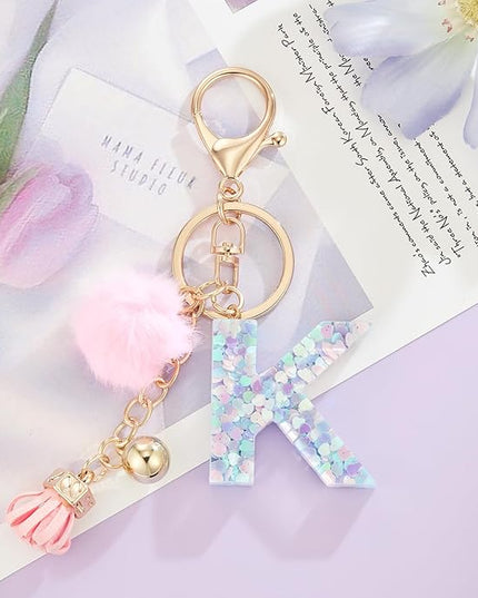 Resin Alphabet Initial Letter Keychain Keyring for Women Purse Handbags With Fur Ball Pom