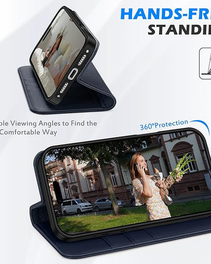 SHIELDON Case Wallet for iPhone 17 Pro 6.3-inch | Genuine Leather | RFID Blocking Credit Card Holder | Magnetic Closure | Folio | Kickstand | TPU Soft Full Protective Cover 2025 | Navy Blue