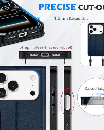 SHIELDON Case Wallet for iPhone 17 Pro 6.3-inch | Genuine Leather | RFID Blocking Credit Card Holder | Magnetic Closure | Folio | Kickstand | TPU Soft Full Protective Cover 2025 | Navy Blue