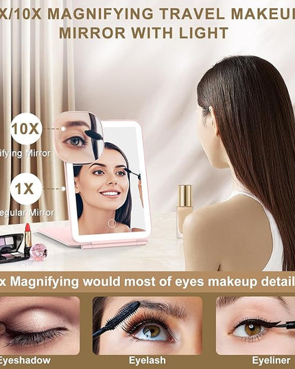 LED Foldable Travel Makeup Mirror - 5x6 inches3 Colors Light Modes USB Rechargeable Touch Screen, Portable Tabletop Cosmetic Mirror for Travel, Cosmetic, Office (Pink)