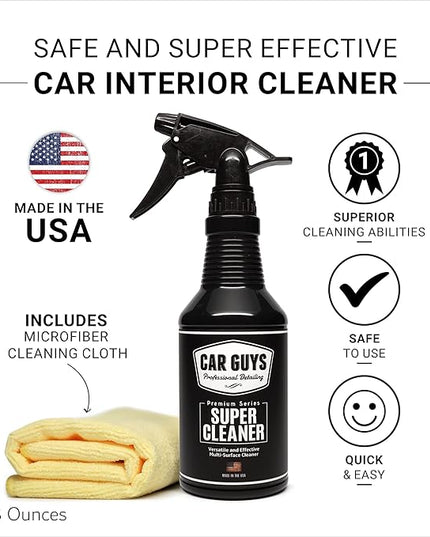 CAR GUYS Super Cleaner | Effective Car Interior Cleaner | Leather Car Seat Cleaner | Stain Remover for Carpet, Upholstery, Fabric, and Much More! | 18 Oz Kit with Microfiber Towel