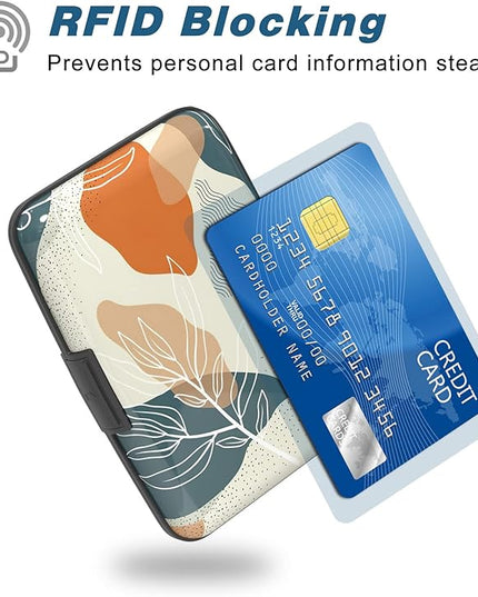 Atufsuat Credit Card Holder, Mini Aluminum Card Wallet RFID Blocking Slim Metal Hard Card Case for Women Men, White Leaves