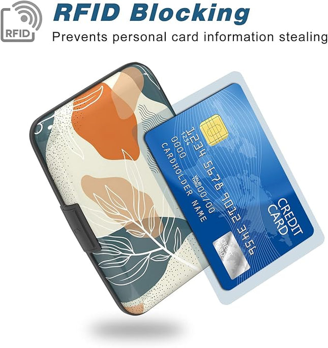Atufsuat Credit Card Holder, Mini Aluminum Card Wallet RFID Blocking Slim Metal Hard Card Case for Women Men, White Leaves