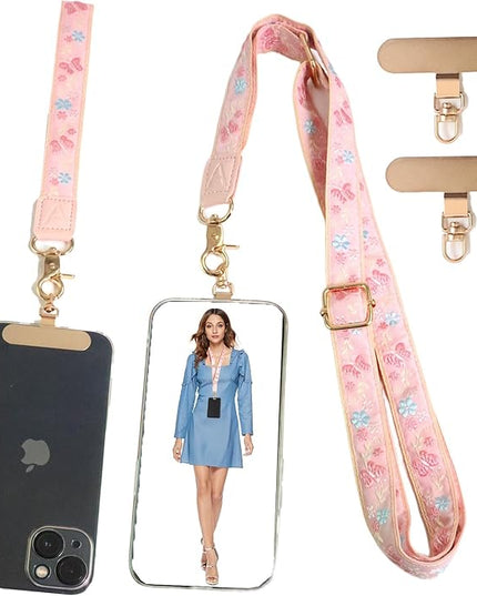 LEMEDE Phone Charm Lanyard, Gold Buckle Adjustable Crossbody and Wrist Strap with 2pcs 360-Degree Rotatable Phone Pad