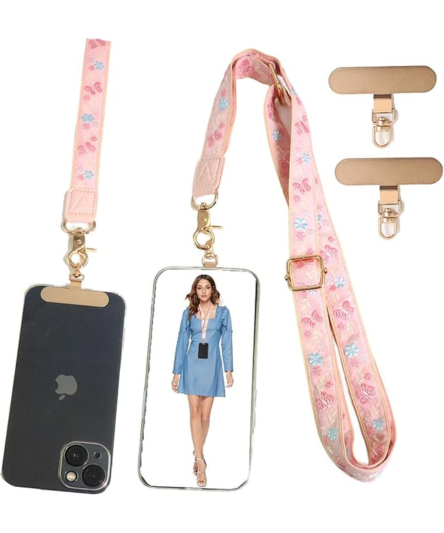 LEMEDE Phone Charm Lanyard, Gold Buckle Adjustable Crossbody and Wrist Strap with 2pcs 360-Degree Rotatable Phone Pad