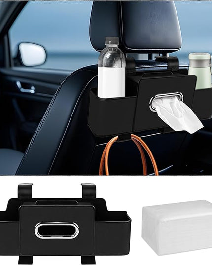 Car Back Seat Organizer with Tissue, Car Seat Back Tissue Box and Storage Hook, Multifunctional Car Organizer for Hold Phone,Drinks,Handbag,Compatible with Most Vehicles (Black)
