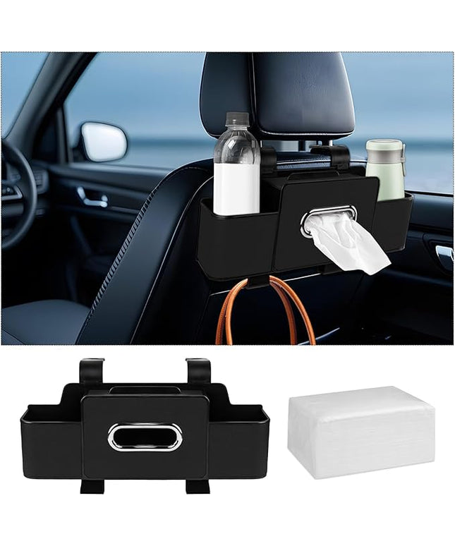 Car Back Seat Organizer with Tissue, Car Seat Back Tissue Box and Storage Hook, Multifunctional Car Organizer for Hold Phone,Drinks,Handbag,Compatible with Most Vehicles (Black)