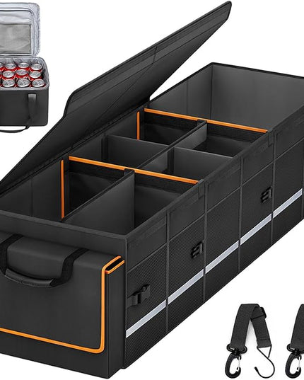 Car Trunk Organizer and Storage with Lid & Removable Leakproof Cooler Bag, Car Accessories 6 Removable Dividers for Custom Space, Collapsible Large Trunk Organizers Interior for SUV Sendan with Cover