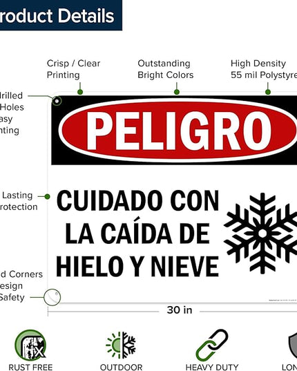 Danger Watch for Falling Ice and Snow Bilingual Sign, 24x30 Inches, 55 mil thick HDPS (high density polystyrene), Made in USA by My Sign Center