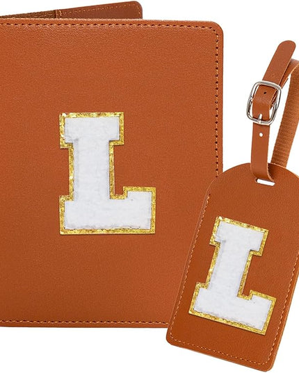 ULICO Initial Passport Cover and Luggage Tag Set,PU Leather Letter Passport Case Holder Travel Suitcase Tag, Personalized Travel Luggage Accessories Gifts for Women Kids Teenage Brown L