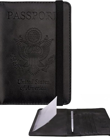 WALNEW Passport Holder for Travel, RFID Passport Cover Wallet for Women Men, PU Leather Passport Book Card Holder Case with Pen (Upgraded, Upgraded-Black)