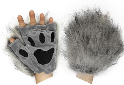 HAOAN Wolf Paw Gloves Faux Fur Cat Fingerless Mittens Winter Warm Cosplay Halloween Fancy Party Costume Accessories