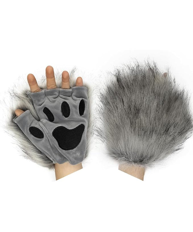 HAOAN Wolf Paw Gloves Faux Fur Cat Fingerless Mittens Winter Warm Cosplay Halloween Fancy Party Costume Accessories