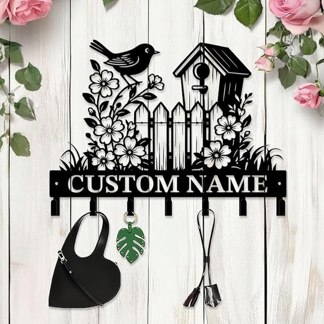 peanut case Customized Keys Holder - Personalized Birds Flower Key Hooks Wall Metal Sign Decor,Wall Holder, Garden,Door Hook (Style D)