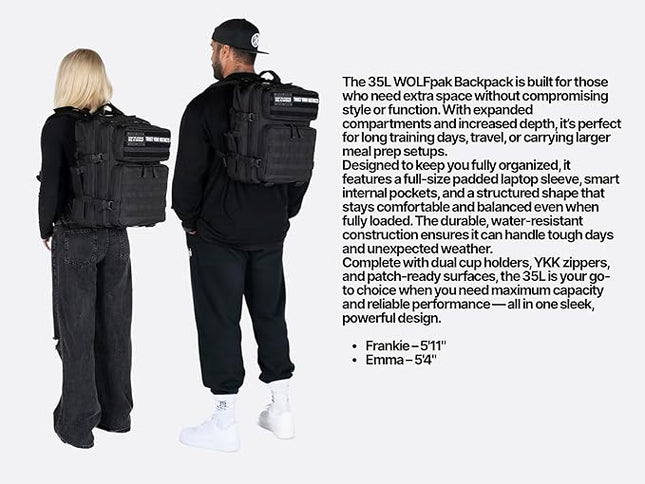 WOLFpak 35L Athletic Gym Backpack - Durable 1000D Waterproof Oxford Material with MOLLE Webbing, Laptop Pocket & Dual Cup Holders, Durable Fitness/Travel/Military Daypack (Alpha Black White Accents)