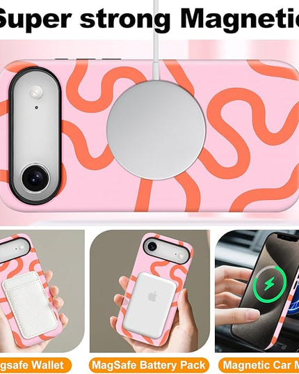 Magnetic for iPhone 17 Air Case Cute Curved Stripes Phone Case, Shockproof Slim TPU and Hard PC Protective Phone Cover Compatible with MagSafe Designed for Women Girls,Pink