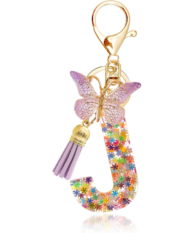 Fashion Alphabet Initial Letter Keychain Tassel Butterfly Pendant Key Ring for Purse Handbags Women Girl
