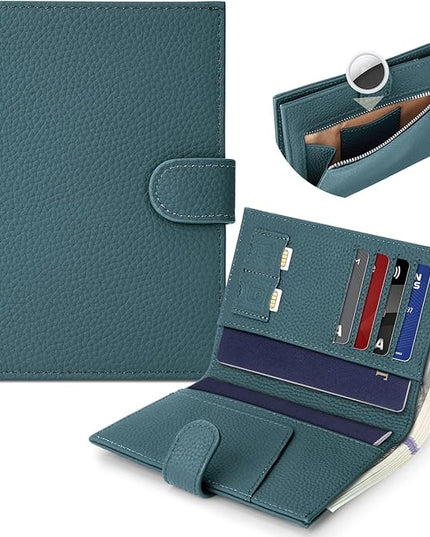 Genuine Leather Passport Holder for Women Men, Hidden Airtag Pocket, RFID Blocking, Zippered Coins Pocket & Cash Compartment Travel Gifts Essentials Passport Cover Case - Navy blue