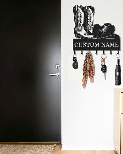 LOWACOS Personalized Key Holder for Wall, Custom Metal Cowboy Key Hooks with Name, Meta Jacket Holder Hooks Organizer Rack, Jacket Hanger Decor for Kitchen, Entryway, Hallway, Office, Doorway