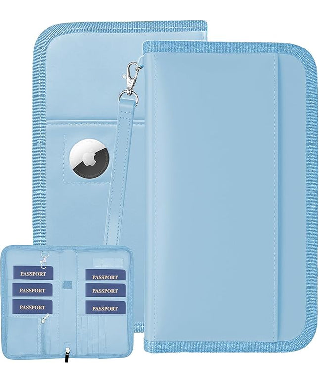 GOAUS Passport Holder with AirTag Slot, PU Leather Travel Document Organizer, Multiple RFID Blocking Wallet for Family of 4 to 6 Blue