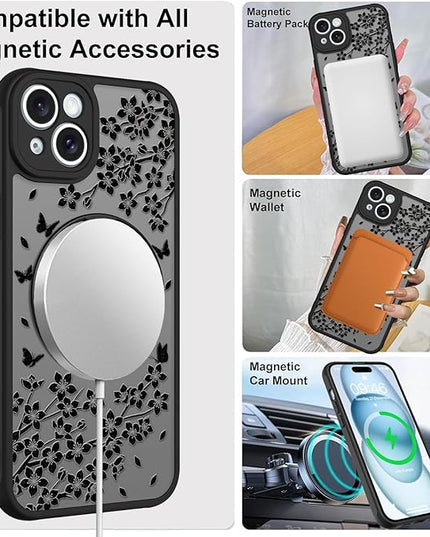 Cute Case for iPhone 15 Plus Case with Stand [ Compatible with MagSafe ] Kawaii Black Cat & Floral & Butterflies Pattern Design 360 Magnetic Ring Kickstand Phone Cover for Women Girls Boys