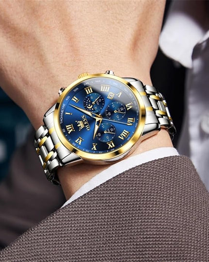 OLEVS Mens Watch Luxury Big Face Stainless Steel Analog Quartz Multifunctional Waterproof Luminous Date Two Tone Fashion Dress Wrist Watches for Man