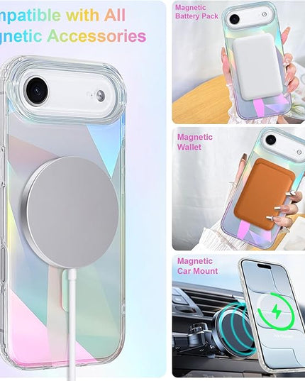 Cute Case for iPhone Air Case for Women Girls [ Compatible with Magsafe ] Clear Glitter Girly Aesthetic Rainbow Sparkly Bling Magnetic Phone Cover, Iridescent Geometry
