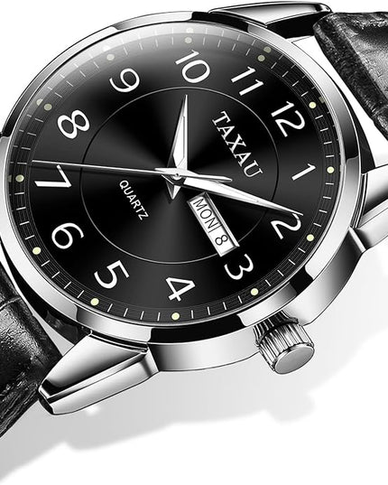 Mens Leather Watch Large Face Classic Quartz Mens Analog Watches Luxury Dress Watches for Men Waterproof Men's Wrist Watch Easy Read with Date Number Dial Relojes para Hombre