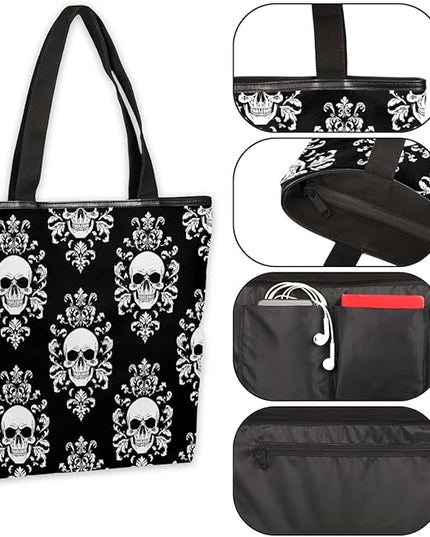 Pardick Canvas Tote Bags, Gothic Skull Tote Bag Eco Friendly Reusable Grocery Shopping Bagsfor Beach, Books, Women with Zipper Inner Pocket