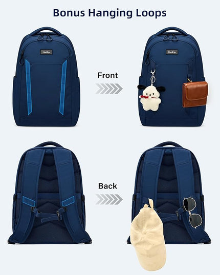 Travel Laptop Backpack Carry On, 18 Inch Large Work Backpack School Book Bags, Light Water Resistant Backpacks for Women Men with Luggage Strap Water Bottle Pocket Chest Strap, Navy Blue
