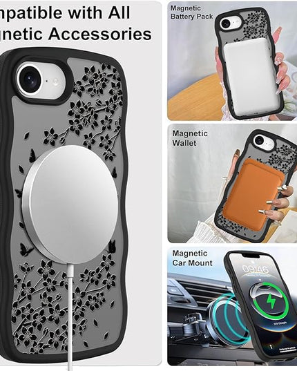 Wavy Case for iPhone 16e Case with Stand [Compatible with MagSafe] Cute Black Cat & Floral & Butterflies Pattern Design, Kawaii 360 Magnetic Ring Kickstand Phone Cover for Women Girls